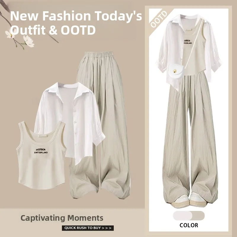 

Spring 2026 Women's Casual Loose Slimming Shirt Set Elastic Waist Wide Leg Pants Vest Three Piece Set Anti Aging Versatile