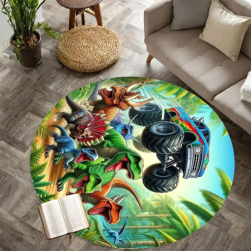 Dinosaur Monster Truck Round Rug Flannel Adventure Jurassic Park Theme Area Mat For Kids Playroom Bedroom Decor ExcitingFloorMat