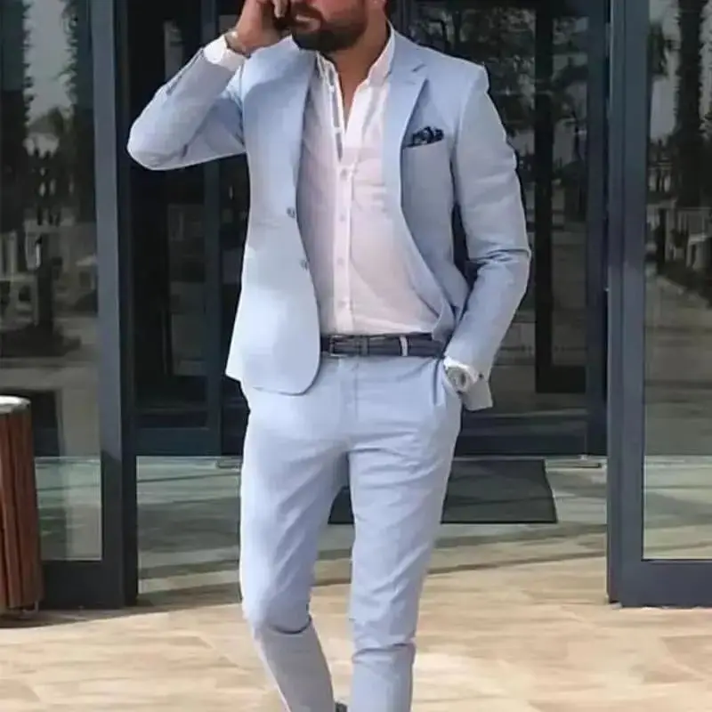 

Sky Blue Summer Beach Men Suits 2025 Slim Fit Groom Tuxedo for Wedding Male Fashion Costume Homme Mariage 2 Piece (Jacket+Pants)