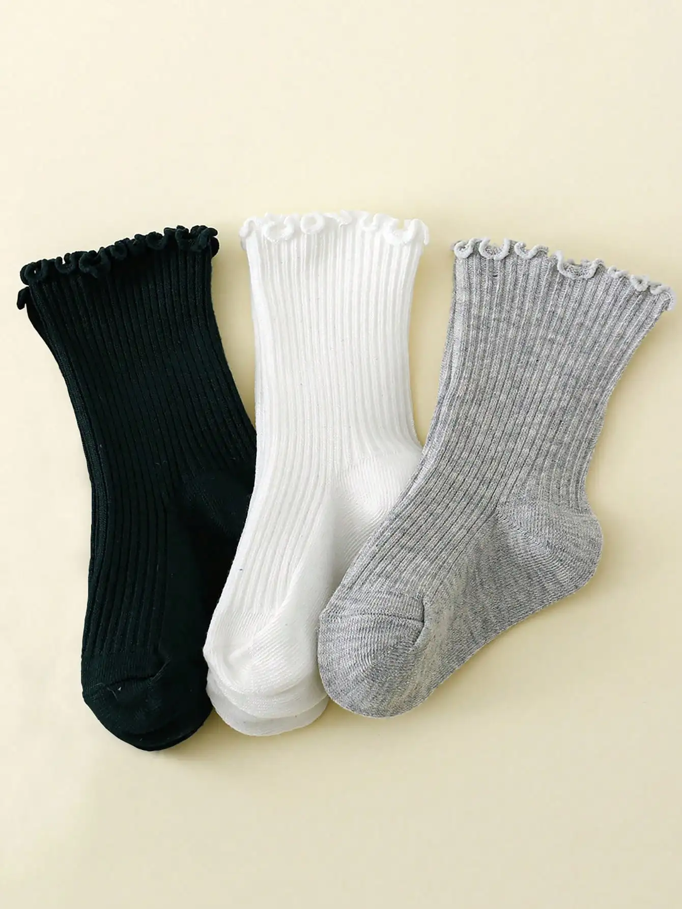 3 Paar einfarbige Kleinkindsocken mit Rüschenbündchen, gerippte, atmungsaktive mittelhohe Mädchensocken, weiche, dehnbare Kinder-Freizeitsocken für alle Jahreszeiten, für 1–12 Jahre – Detail 7