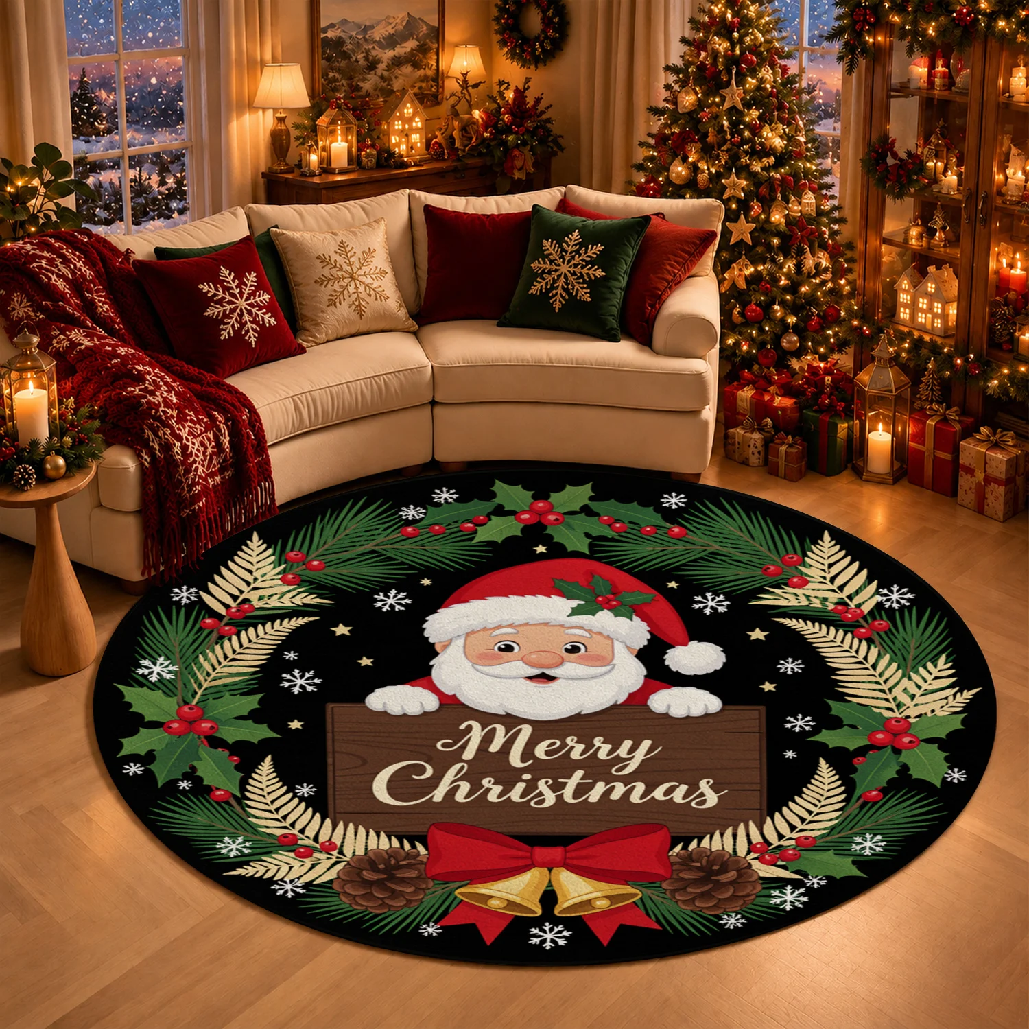 Round Santa Wreath Pattern Velvet Mat Machine Washable For Entryway Living Room Kitchen Balcony Halloween Thanksgiving Black Friday Cyber Monday Christmas New Year Decor