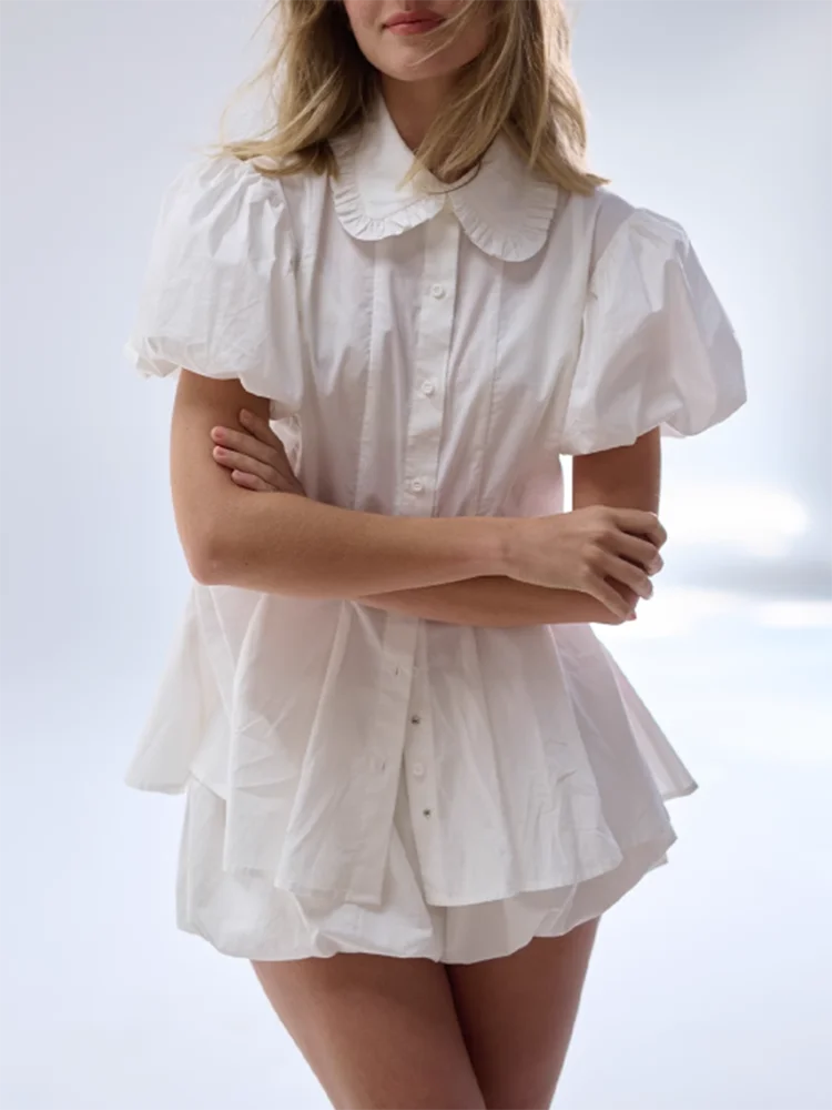 

French Stylish White Summer Blouse Shirt Women Cotton Summer Ruffles Puff Sleeve Vocation Casual Elegant Ladies Tops Shirts New
