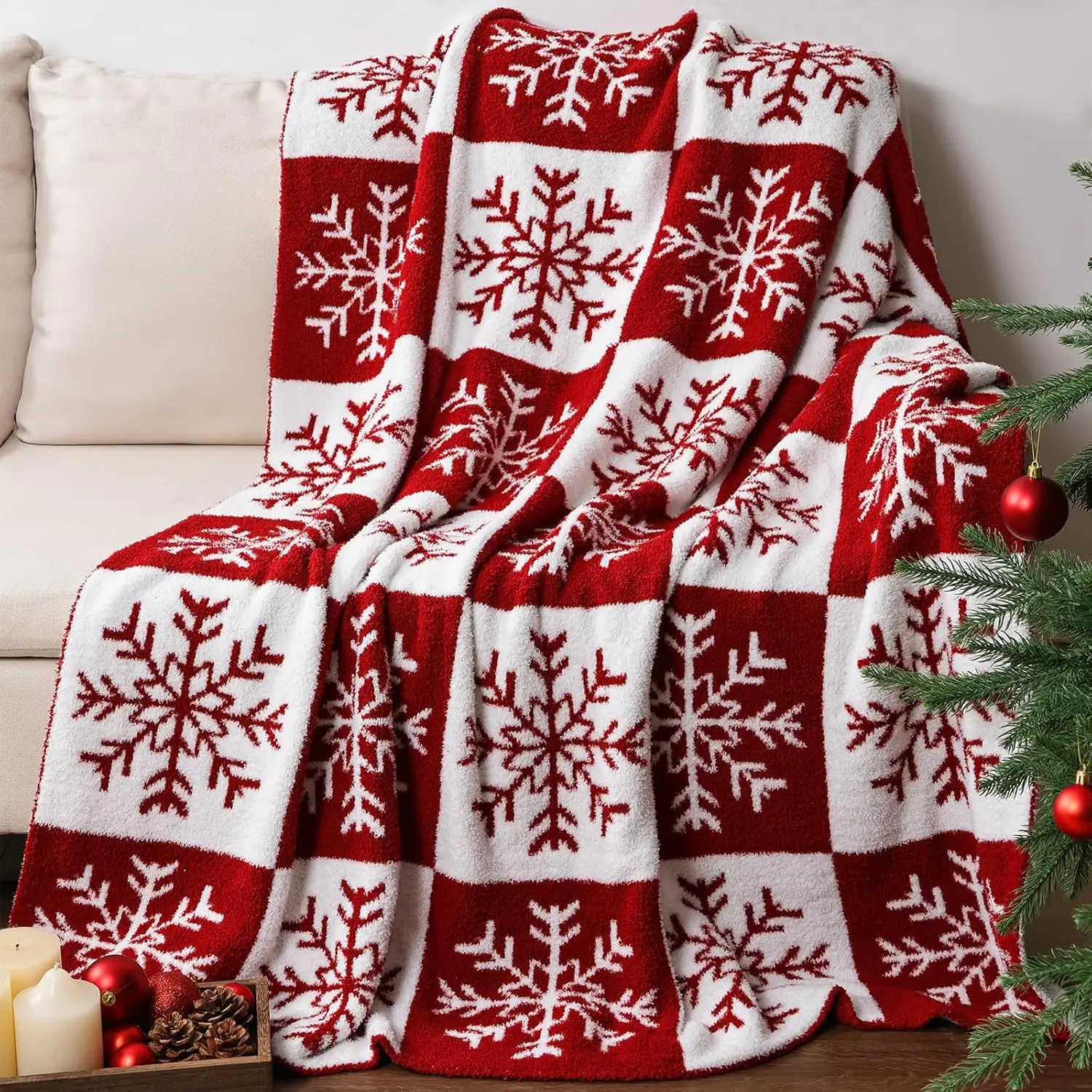 Christmas Snowflake Flannel Blanket Red White Checker Holiday Throw Blanket for Sofa Bed Couch Bedroom Living Room Winter Home Decor Christmas Decoration Seasonal Gift Cozy Nap Blanket Office Travel Classic Festive Bedding Farmhouse Room Accent