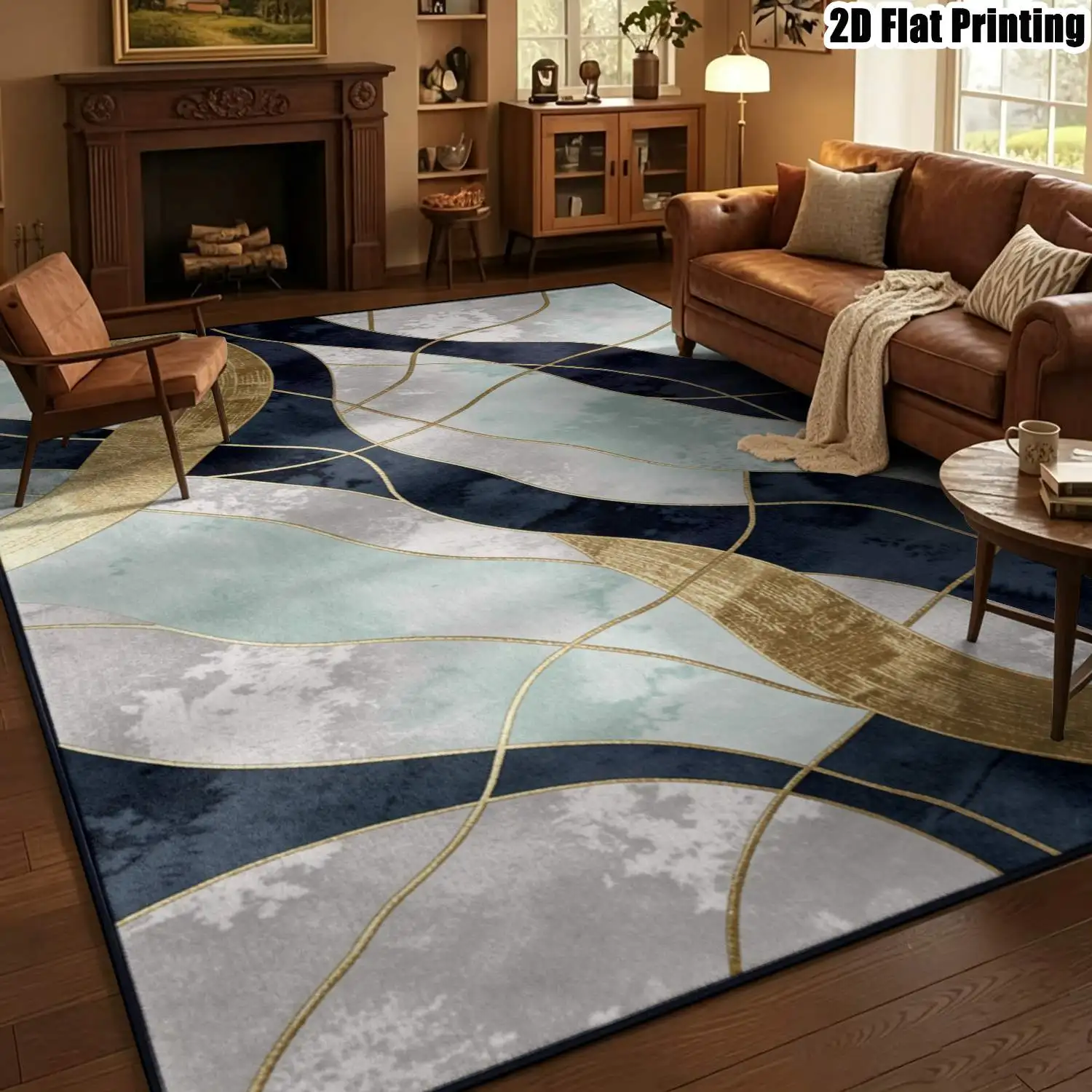 1Pc 2D Printed Carpet: Gold Foil Blue-Grey Abstract Line Modern Minimalist Nordic Instagram Style Home Decor Carpet, Multi-Size, Machine Washable, for Entrance, Dining, Bedroom, Study, Living Room