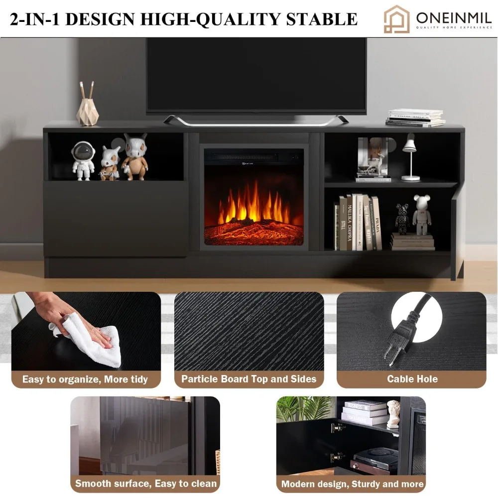 Fireplace TV Stand for 75'' TV,65 Inch Modern TV Cabinet with 18 Inch Electric Fireplace, Wood Texture Storage Cabinet