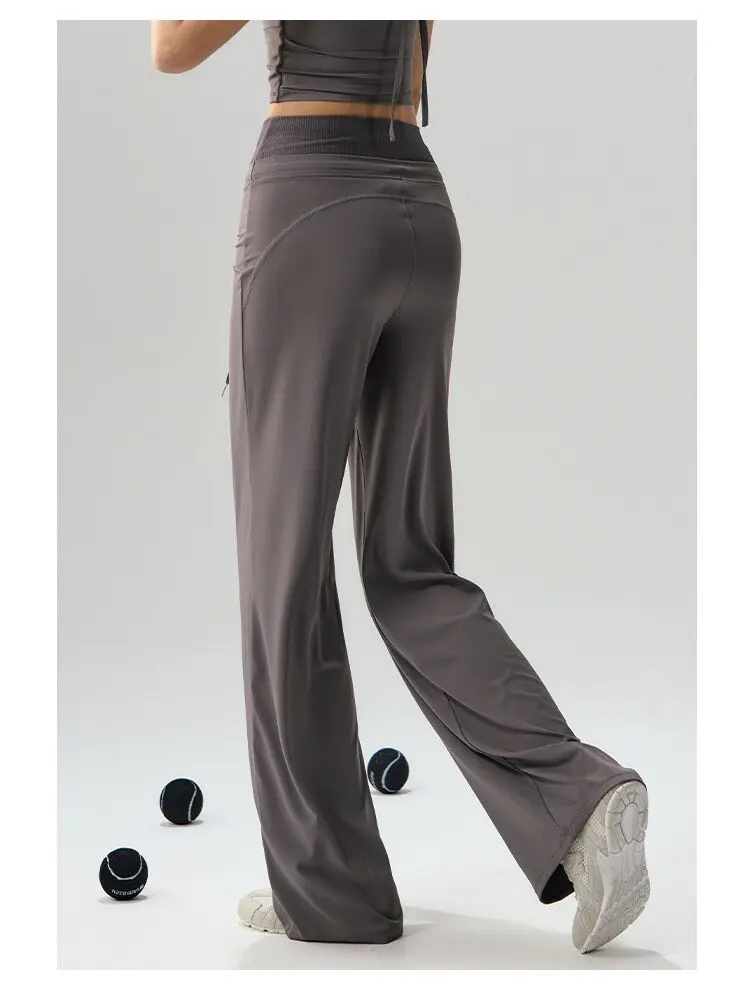 Hochgeschnittene, weit geschnittene Yogahose für Damen, Pilates, schlankmachend, für Outdoor-Läufe, lockere, gerade geschnittene Leggings, lässige Fitnesshose – Detail 4
