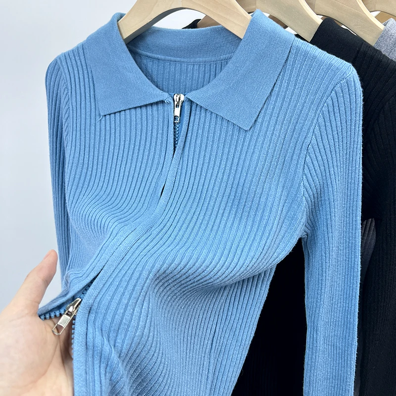 เสื้อคลุมคาร์ดิแกนไหมพรมคอโปโลแบบใหม่สำหรับฤดูใบไม้ร่วงต้น  เสื้อสเวตเตอร์ทรงเข้ารูปสำหรับผู้หญิง  ดีไซน์ทันสมัย  ซิปคู่  แขนสั้น