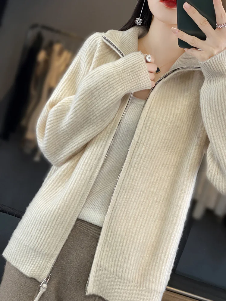 2024 Women Knitted Zipper Cardigan Turn-Down Collar 100% Pure Wool Tops Fashion Outwear Coat Sweater New Spring Autumn Winter