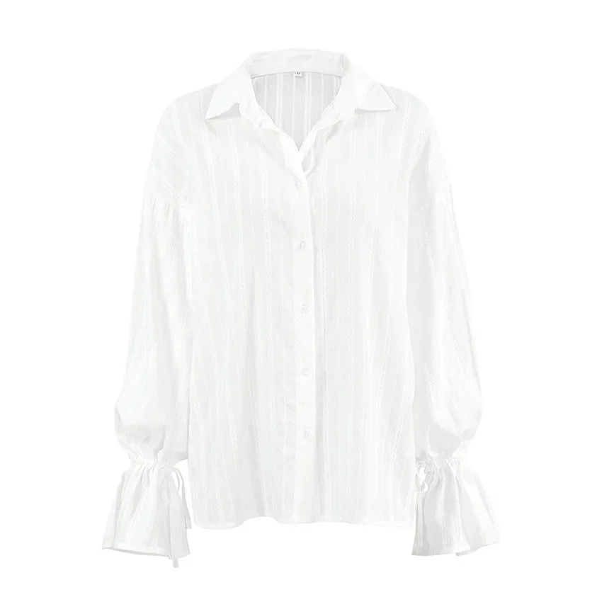 Весна-осень 2026, хлопковая рубашка, женская блузка Dobby, отложной воротник, расклешенные рукава, карьерная белая рубашка на шнуровке, топ