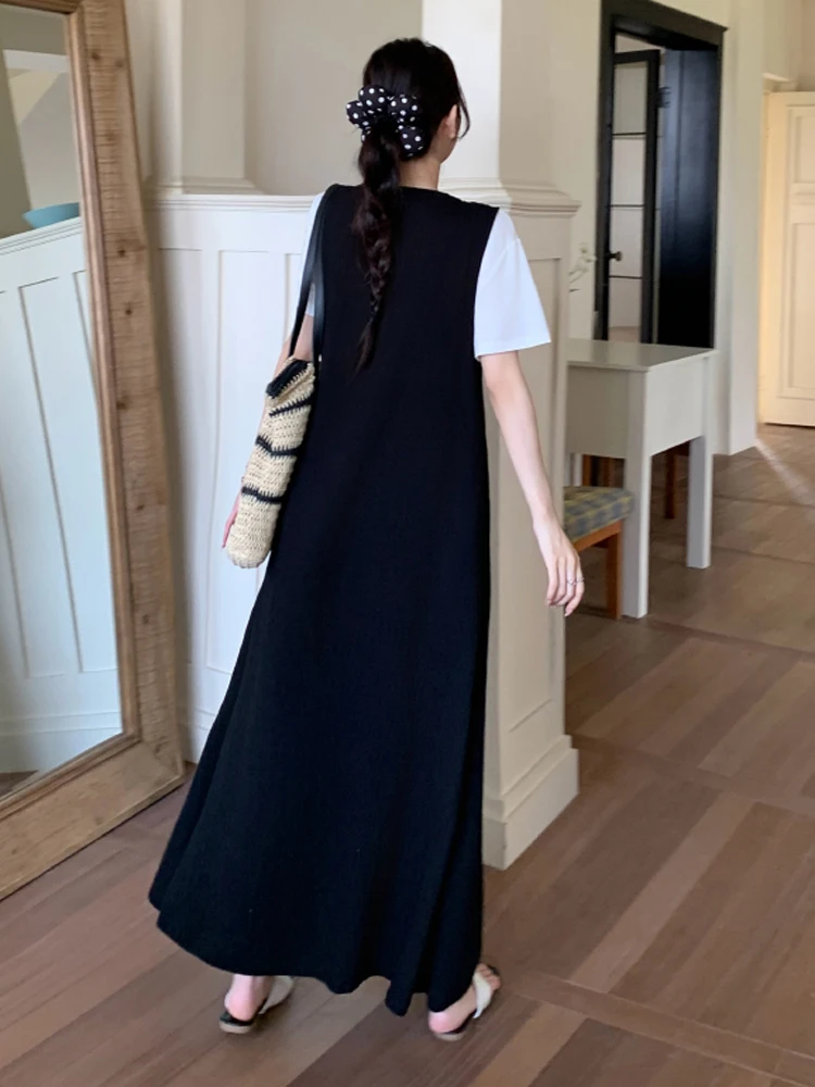 NYFS ชุดสตรีฤดูร้อนหลวมพลัสขนาดแขนสั้น 2 ชิ้นชุดวันหยุด T เสื้อ + ชุดสีดํา Robe Ete femme Elbise 2025 ใหม่