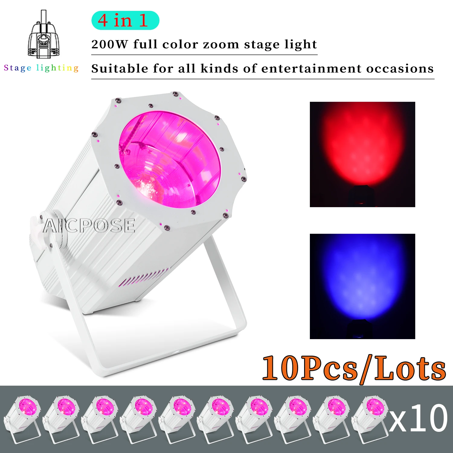 10Pcs/Lots 200W White Stage Light COB Zoom Audience Light RGBW 4 in 1 LED Par Light Stage Wedding Disco Remote Spotlight