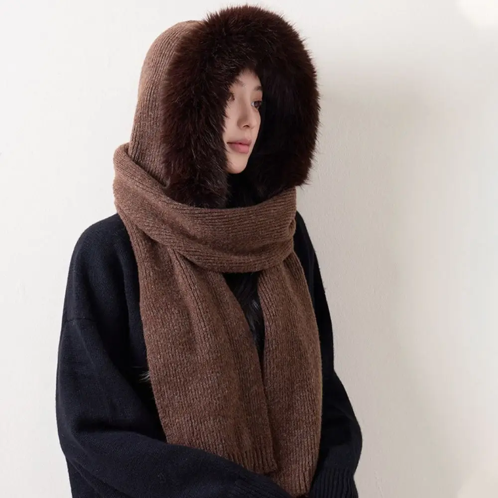 Niedliche Wollmischung Strickmütze Balaclava Mütze mit Kapuze und Schal Warme Einfarbige Mütze und Schal 2-in-1 Winter/Herbst – Detail 5