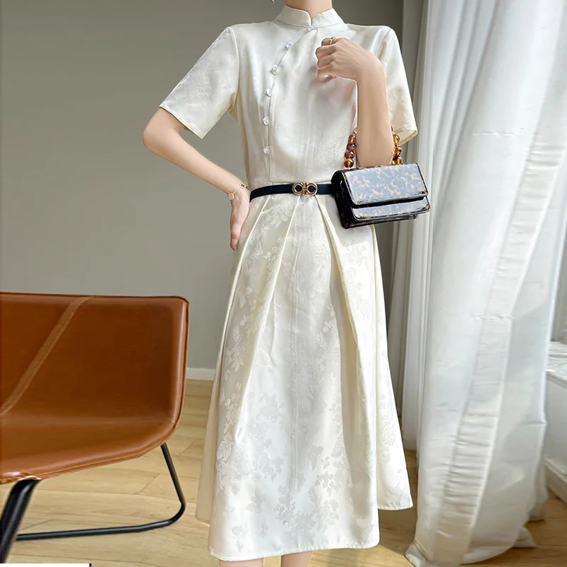 Summer New Jacquard Commuter Acetic Satin Cheongsam Dress Female Retro New Chinese National Style Short Sleeve Horse Face Dress