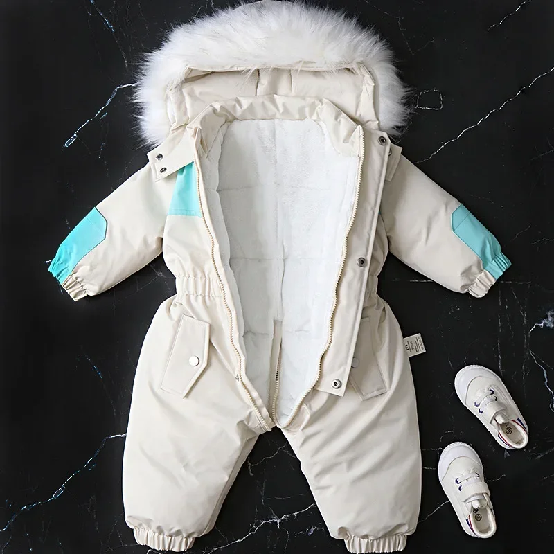 2024 Winter Kid\'s Ski Clothing Girls Snowsuit 2-5 Y Warm Overalls Boys Thicken Fur Lining Hooded Jumpsuit Children\'s Outwear