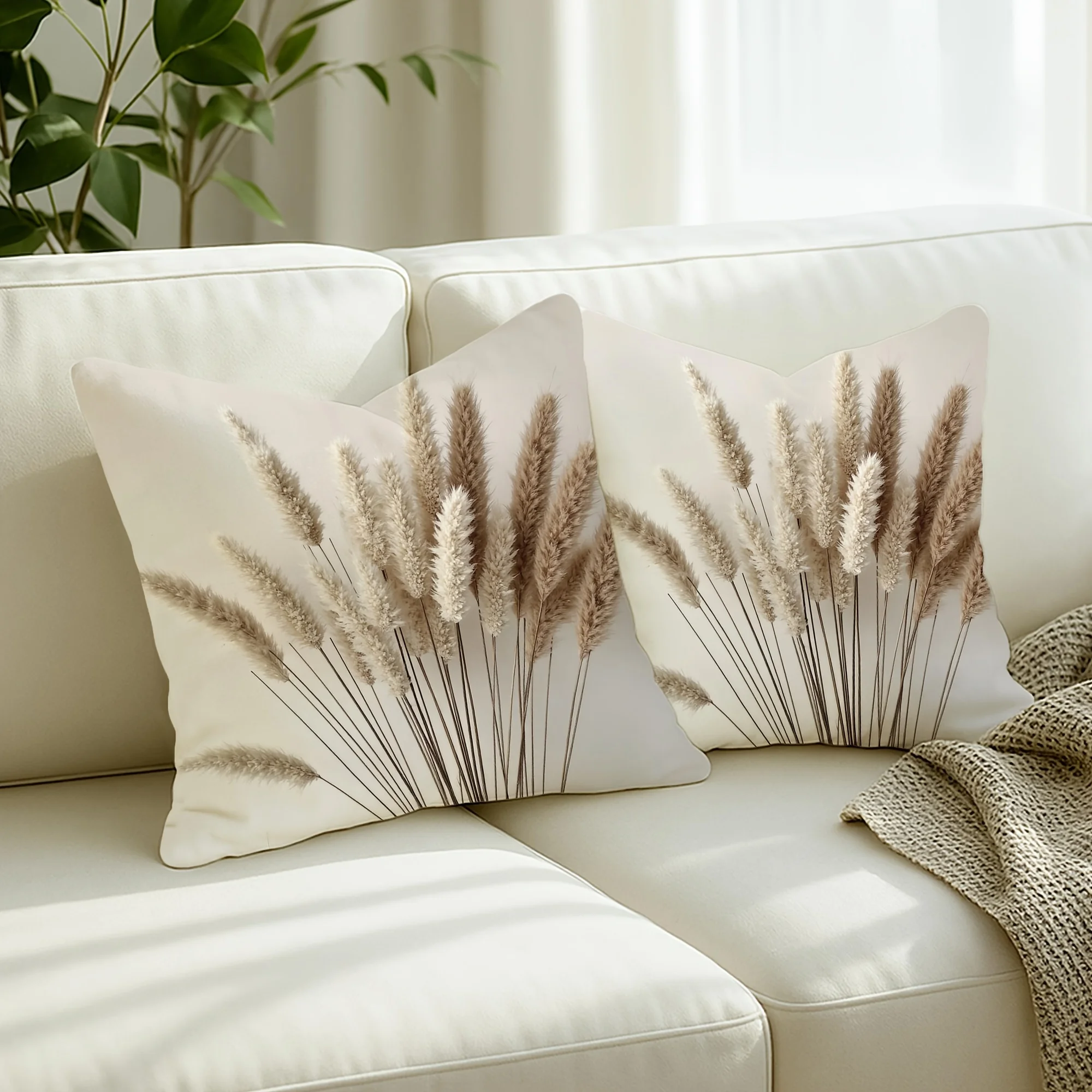 1 Stück Beiger Pampasgras-Dekokissenbezug, Minimalistischer Boho-Stil Kissenhülle für Heimdekoration