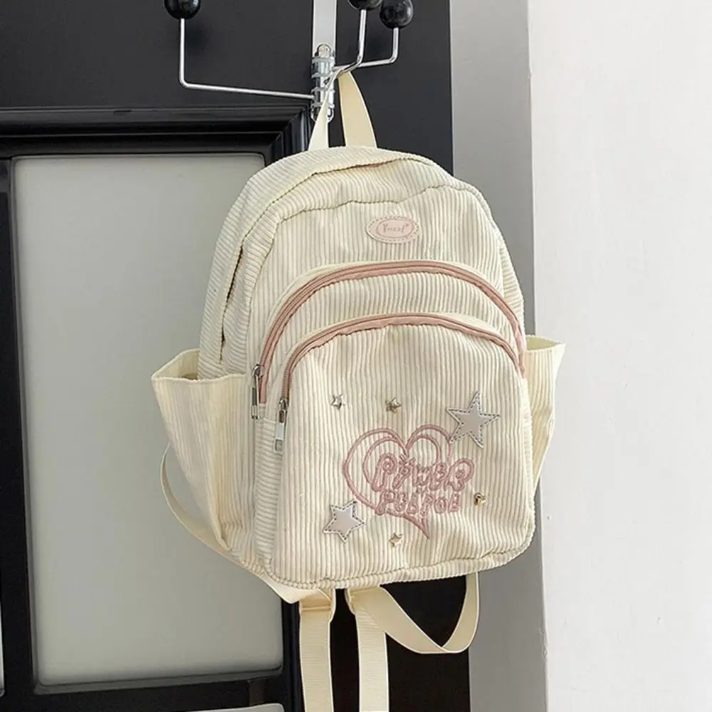 Mochila pequeña de pana, bolso de Color sólido, bolso de hombro Star Love, estilo coreano, mochila informal con múltiples bolsillos para estudiantes