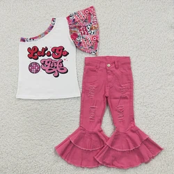 Wholesale Baby Girl Jeans Set Children Toddler One Shoulder Let's Go Shirt Pink Denim Double Lace Bell Pants Kid Infant Outfit