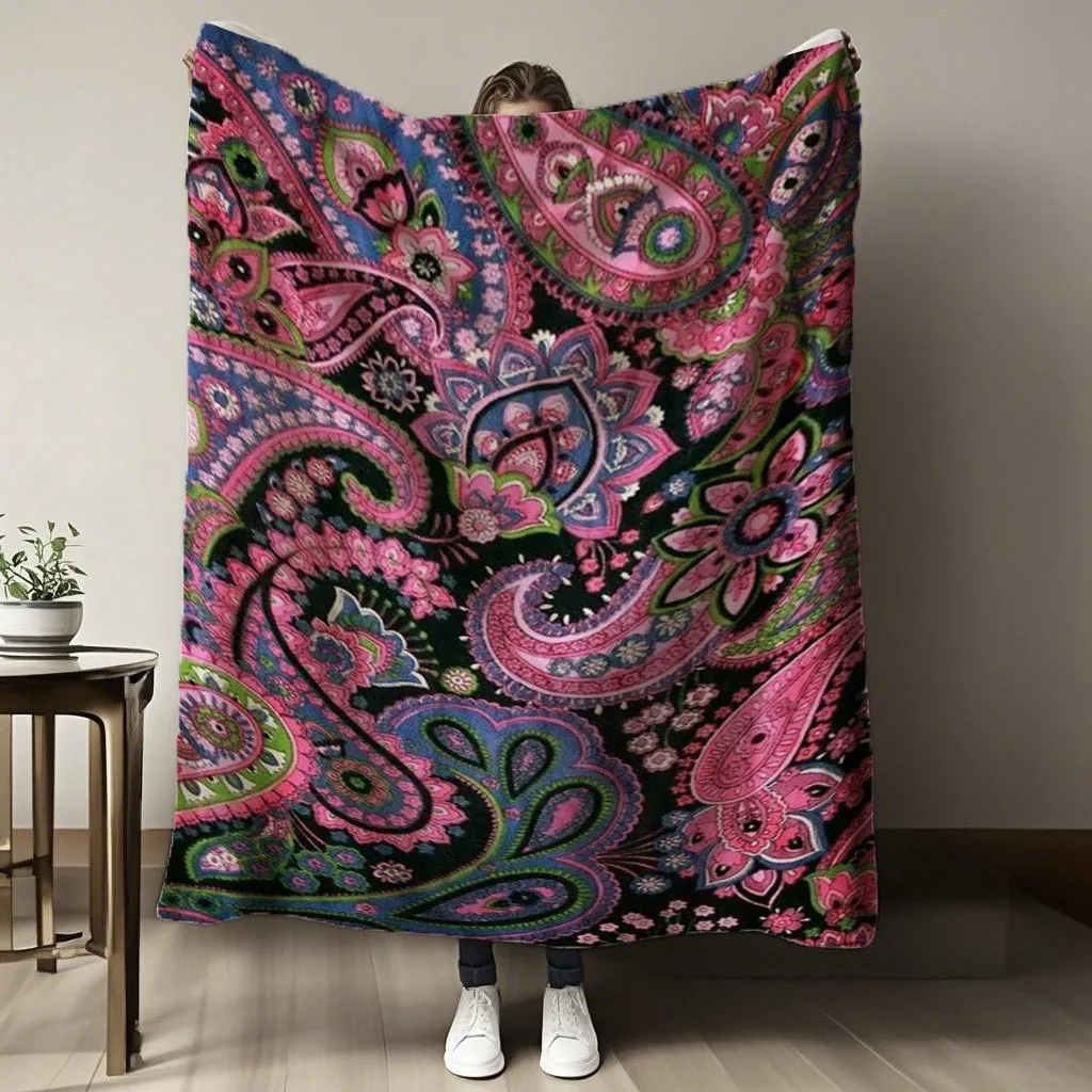 1pc Dark Night Full Bloom Paisley Pattern Printed Fleece Blanket, Soft Polyester Fabric, Multi-Functional Artistic Printed Blank