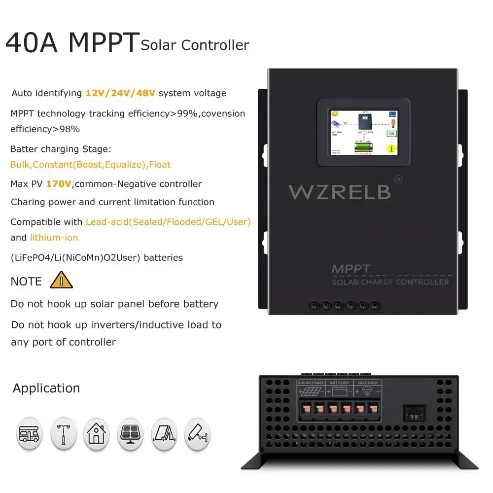 WZRELB 40A 充電コントローラ Mppt 最大 170V 入力ボルト PV ソーラーパネルコントローラ 2V/24V/48V 自動識別 LCD タッチスクリーン付き