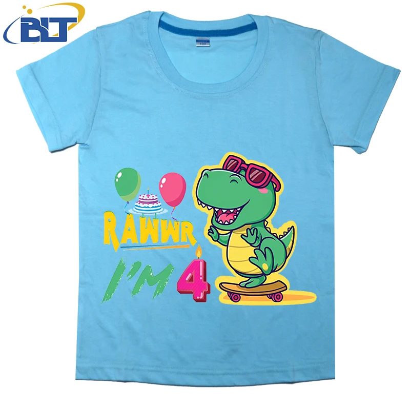 

Cheerful dinosaur 4th birthday printed kids T-shirt summer cotton short-sleeved casual top suitable for both boys and girls