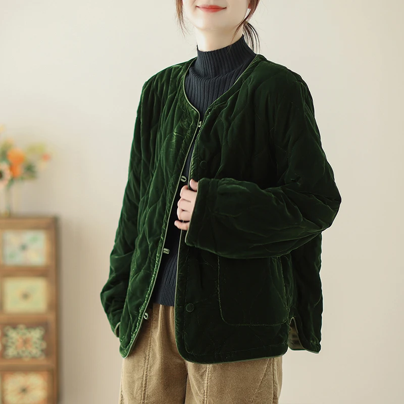 

Retro Cotton Jaet Women's round Ne ort Warm Pure Color Slimming Casual Sle Autumn Winter New Arrival Cotton Coat