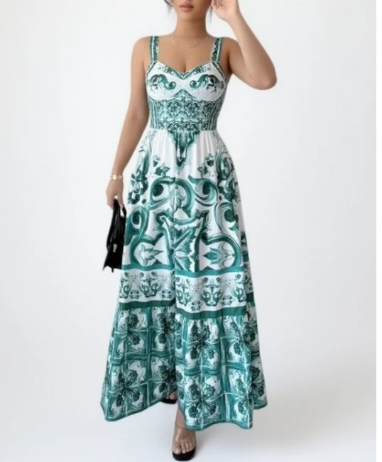 Vestido maxi feminino elegante e minimalista sem mangas, estampa floral barroca com decote em V e saia em camadas