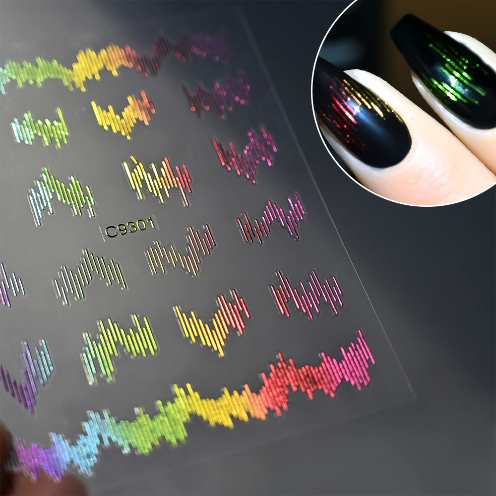 3D Reflective Laser Rainbow Flash Silk Nail Stickers High-Gloss Gold/Silver Wave Line Decal Self-Adhesive Reflective Slider