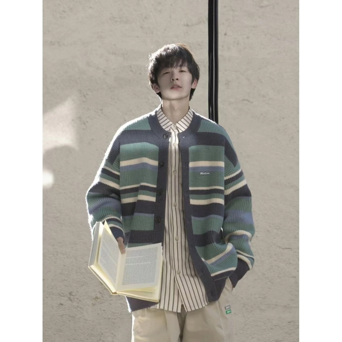 

Winter Men's High Collar Zipper Knitted Sweater Stripe Patchwork Embroidery Casual Knitwear Outerwear Soft Polyester Fiber