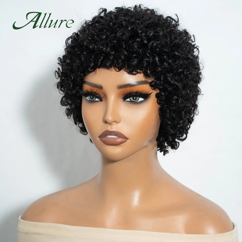 Brazilian Human Hair Wigs For Black Women Afro Kinky Curly Hair Wig 10 inch Natural Black Colored Hair Pixies Curly Wigs Allure