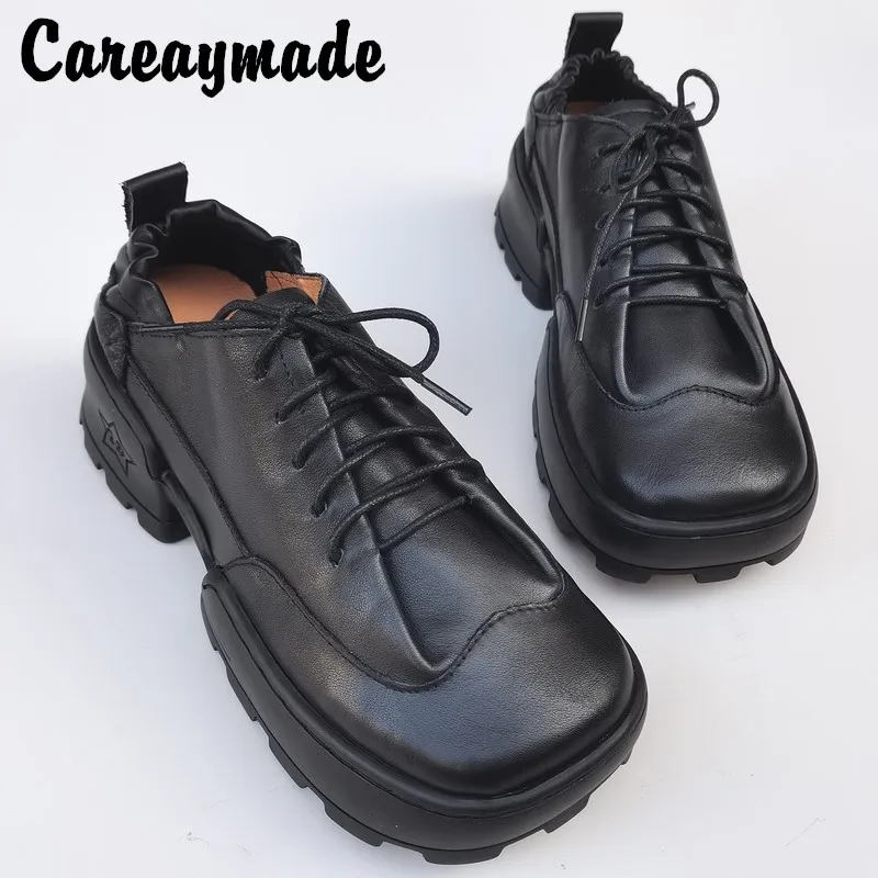 

Careaymade-100% Genuine Leather thick soled muffin women's shoes niche design,original single shoes Vintage thread dad shoes big