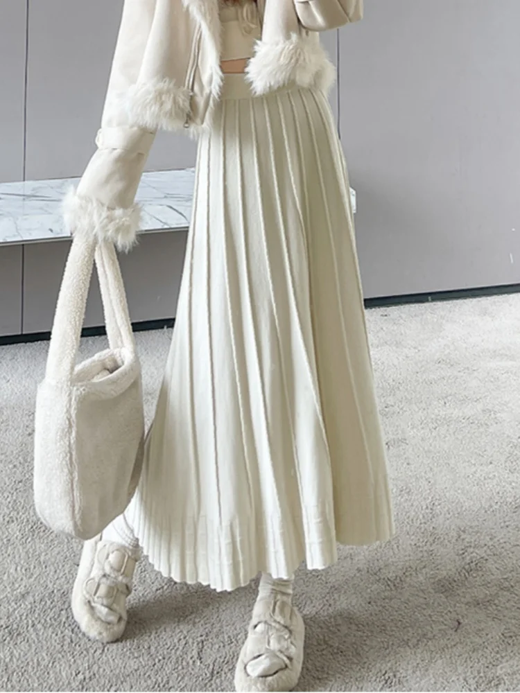 

Мягкая трикотажная длинная юбка для женщин, новая осенне-зимняя тонкая трикотажная юбка с высокой талией и большим качелей, плиссированная юбка-зонтик трапециевидной формы