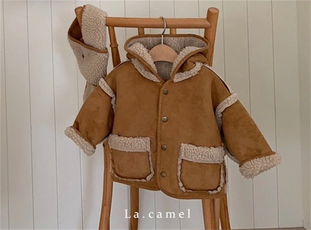 2024 Winter New Baby Warm Plush Coat Plus Velvet Thick Infant Boy Girl Long Sleeve Warm Coat Toddler Casual Hooded Jacket