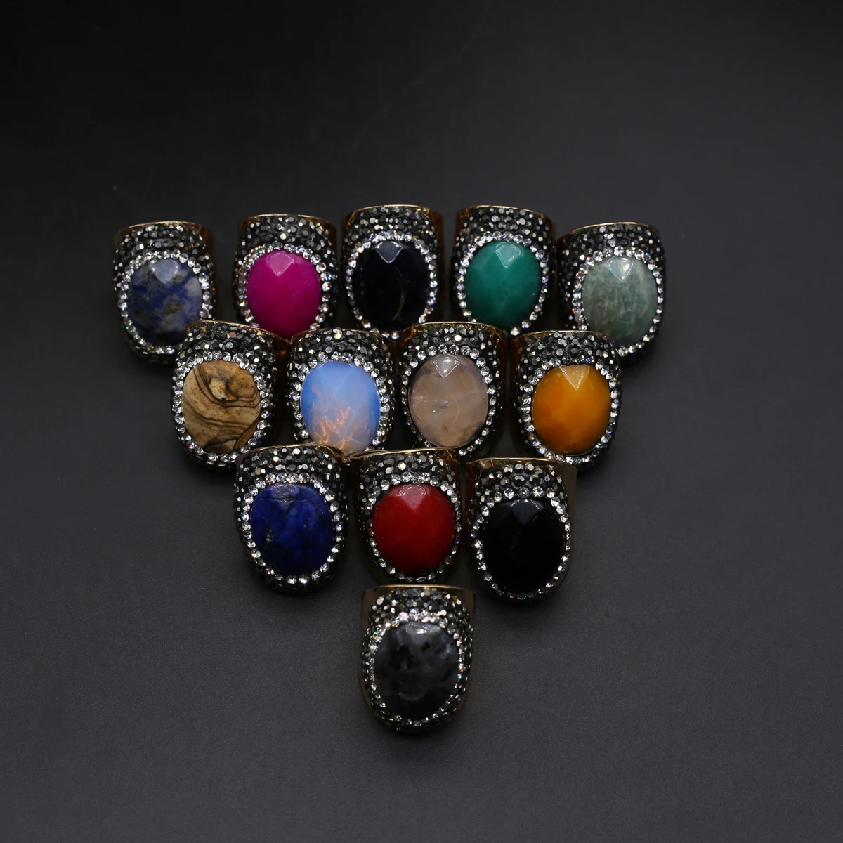 Vintage Natural Stone Rings Plated Diamond Natural Agates Open Finger Rings Adjustable for Women Party Wedding Jewelry 20x30mm