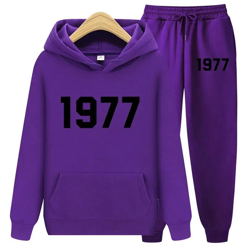 Novo 1977 conjuntos de duas peças com capuz conjunto masculino e feminino marca de moda high street solto velo outono inverno quente hoodies + calças