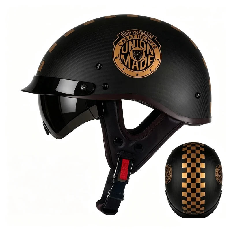 Carbon Fiber Motorcycle Half Helmet, Retro Lightweight 3C Certified Open‑Face Helmet for Men & Women, All‑Season for Motorbike &