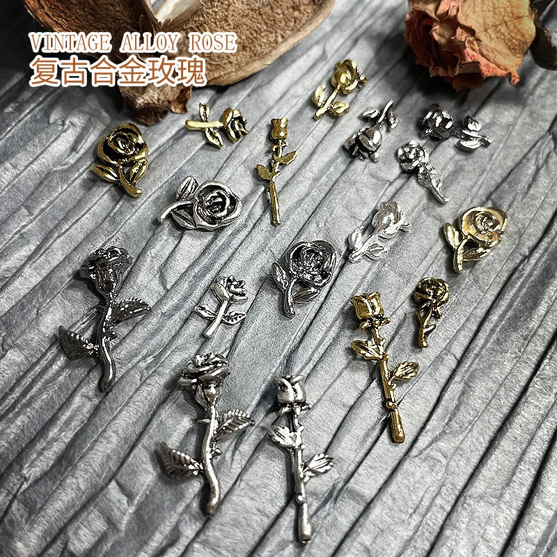 20PCS 3D Retro Metal Rose Nail Charms Parts Flower Spray Accessories For Manicure Decor Nails Decoration Supplies Materials