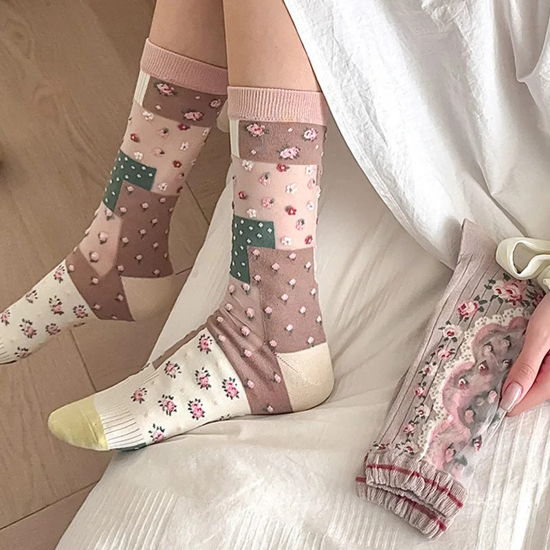 

1 Pair Women Flower Pattern Mesh Panel Socks Mid-calf Breathable Transparent Crystal Silk Sock Summer Thin Dress Accessories