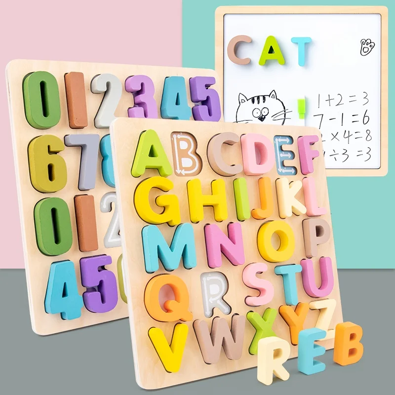 Conjunto de quebra-cabeças em forma de alfabeto e números de madeira, quebra-cabeças coloridos para crianças para reconhecer letras, números e formas, super práticas