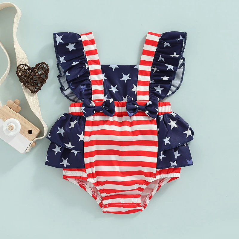 Baby Girls Fourth of July Romper American Flag Print Patriotic Bowknot Ruffle Sleeveless Jumpsuit Independence Day Outfit