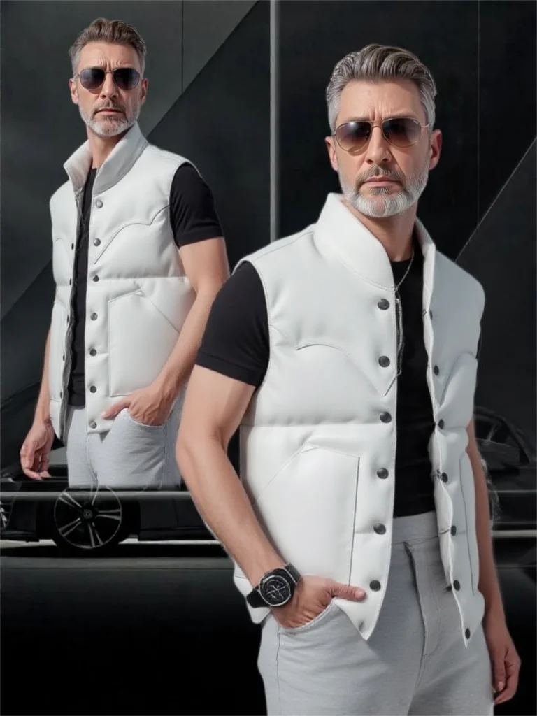 

Белый зимний кожаный жилет для мужчин, повседневный стиль, большие размеры 5XL, однобортный теплый пуховый жилет из натуральной воловьей кожи с воротником-стойкой