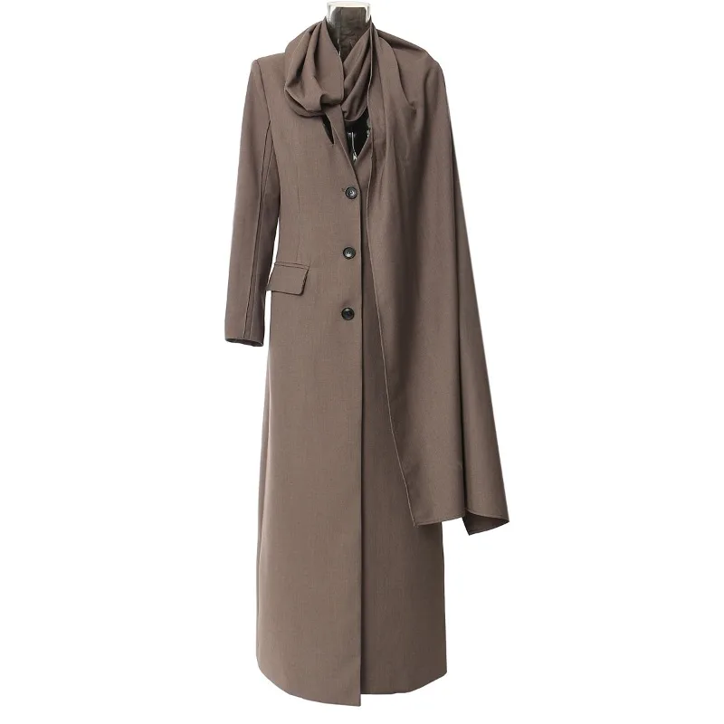 

Women's Models spring Tops Trench Coat Scarf Irregular Shawl Button Long Section Waist Thin New Loose Sense of Atmosphere Niche