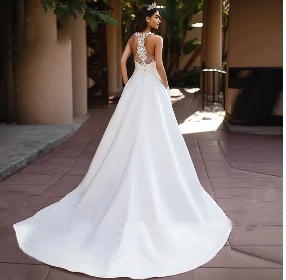 Sexy Witte A-lijn Trouwjurken Boho Satijn Aline Trouwjurken 2023 Sexy V-hals Kant Backless Bruid Jurk Robe de mariee