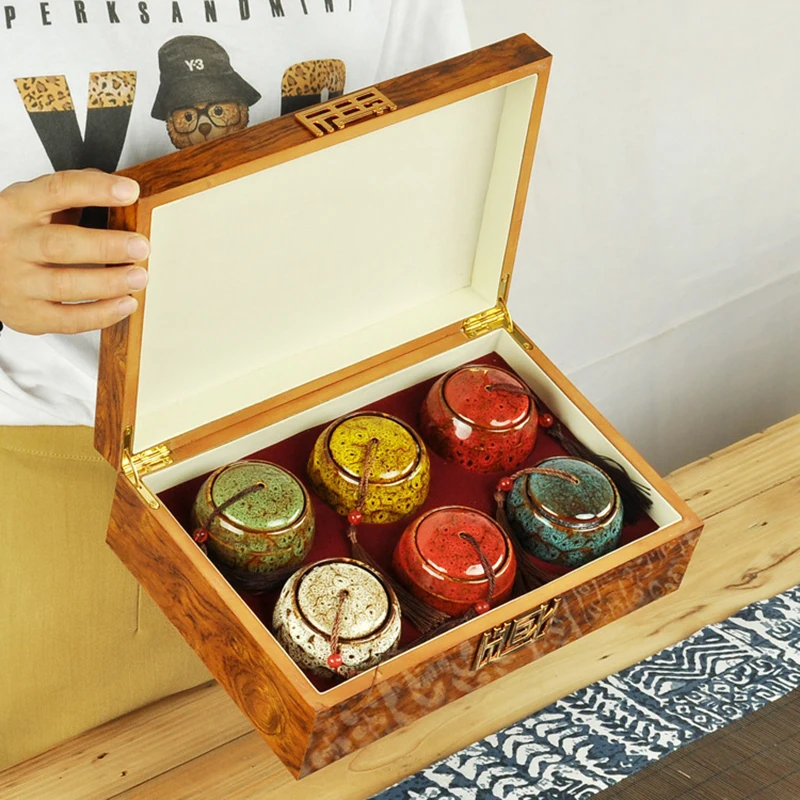 Retro Ceramic Tea Storage Jar Handmade Small Loose Longjing Organizer Cans with Lid Luxury Tea Caddy Wooden Packing Gift Box