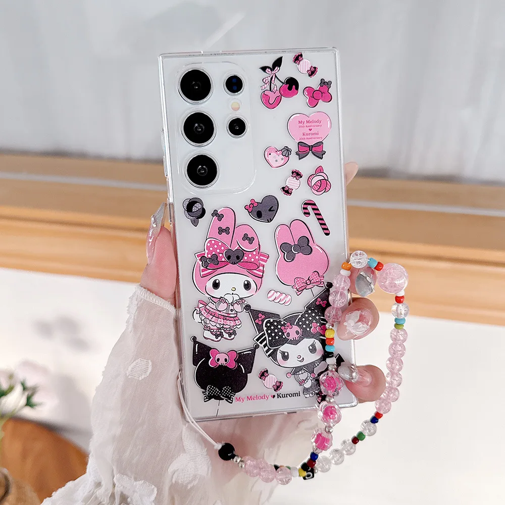 Korean Sanrio Kuromi Transparent TPU Lanyard Case for Samsung S26 Ultra S25 S24 S23 S22 Plus FE My Melody Lens Protect Cover