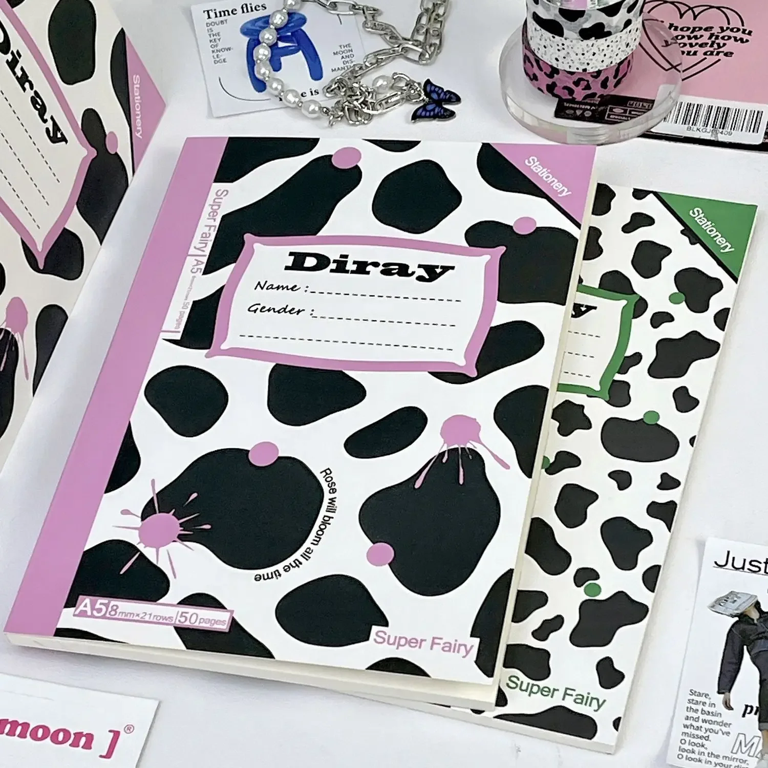 IFFVGX A5 50 Sheets Notebook Kawaii Checkered Lines Portable American Style Notebook Planner Retro Coil Cow Print Diary School