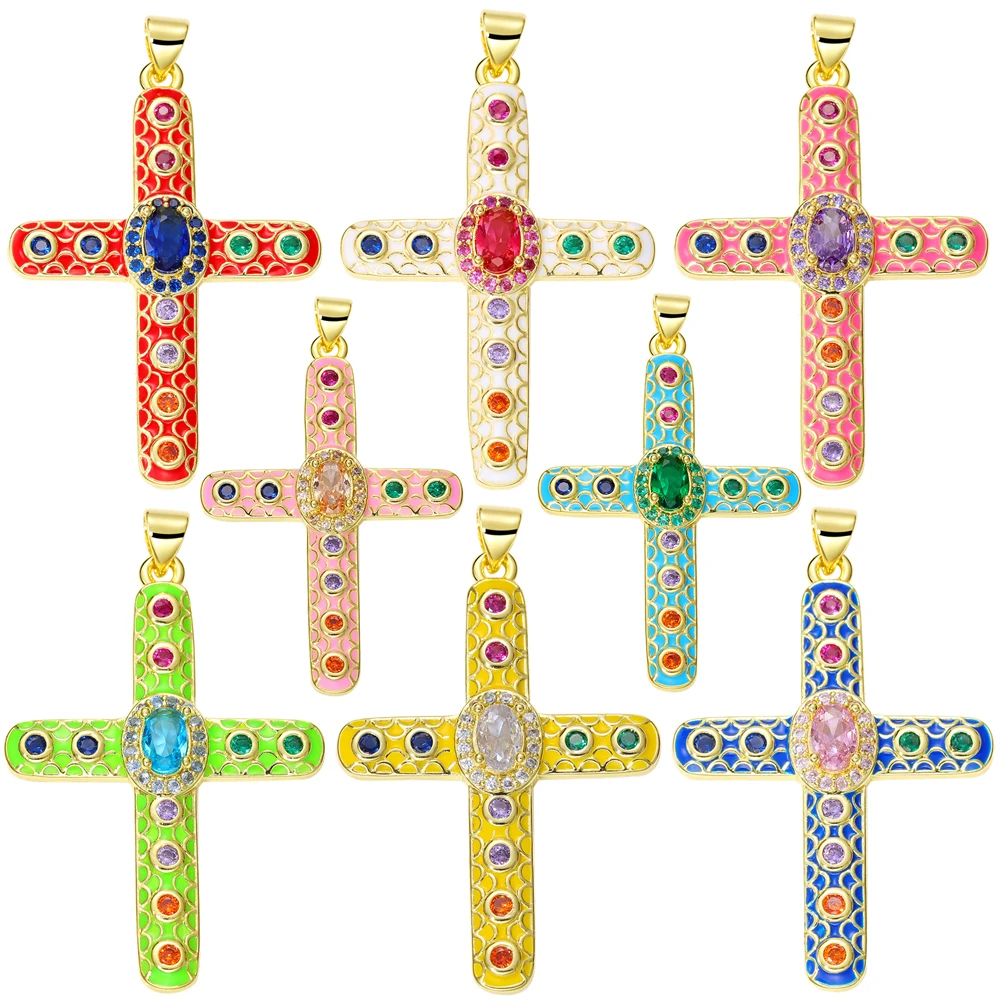 Juya 18K Real Gold Plated DIY Handicraft Enamel Christian Cross Charms Pendant For Handmade Decoration Religious Jewelry Making