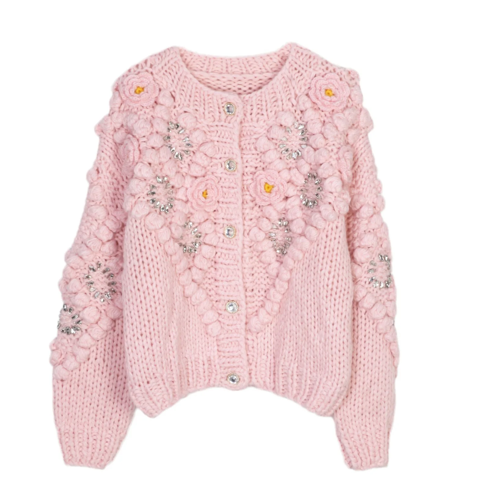 

Богемный розовый свитер с объемным цветком, связанный вручную крючком, вязаный женский толстый теплый осенне-зимний свитер, кардиган, пальто