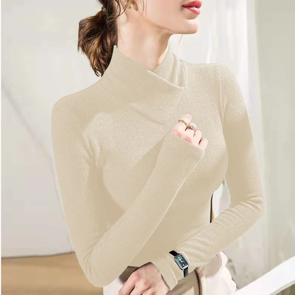 New Basic High Collar Long Sleeve Women's T-shirt Autumn Winter Long Sleeve Slim Fit Elastic Top Knitwear Sexy Versatile Tees