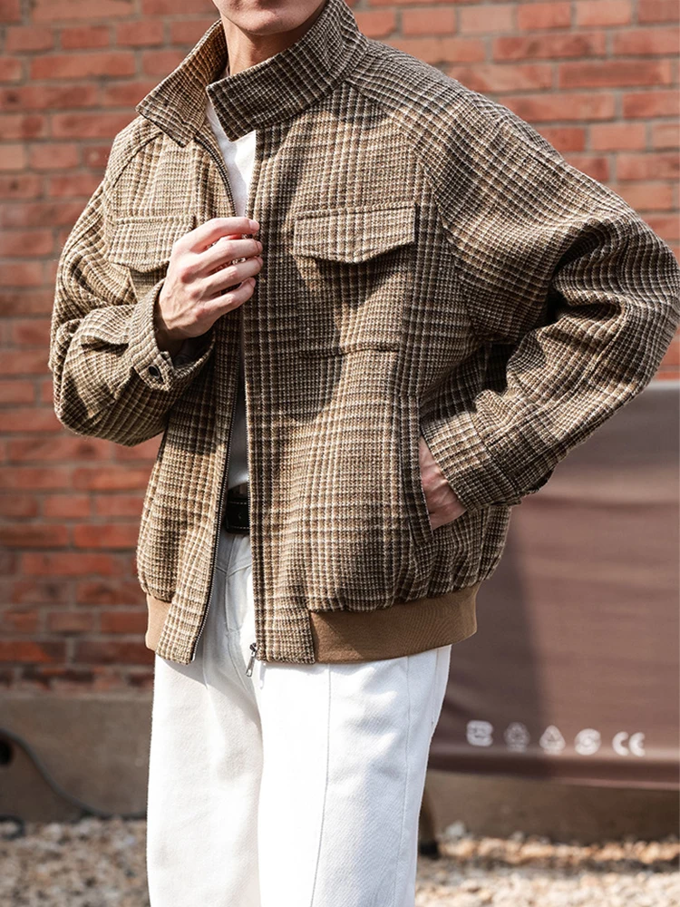เสื้อแจ็คเก็ตพิมพ์ลายฮาวด์ทูธสไตล์วินเทจสำหรับผู้ชาย เสื้อโค้ทลำลองสำหรับฤดูใบไม้ร่วงและฤดูหนาว เสื้อแจ็คเก็ตผู้ชายมีสไตล์ ซิปหน้า คอตั้ง เสื้อคลุม