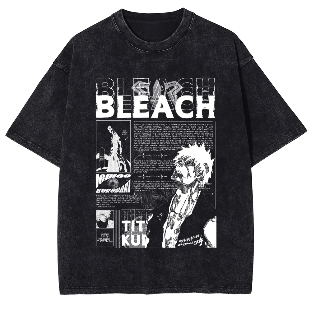 Bleach Kurosaki Ichigo T-shirt Vintage Washed Dark Anime Graphic Unisex Oversized Crew Neck Cotton Short Sleeve Tee Tops Hot